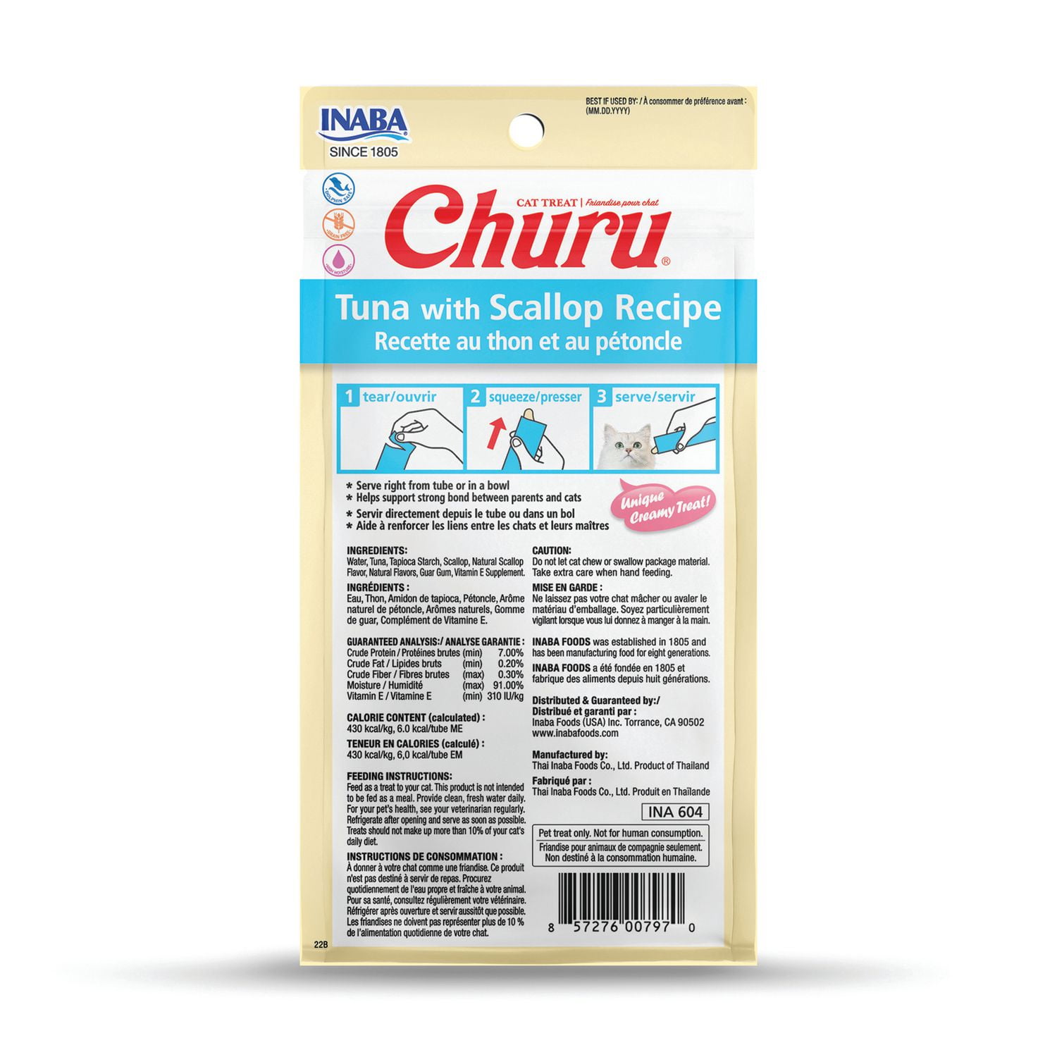 INABA Churu Gâteries pour Chats, Purée Crémeuse à Lécher Sans Grains avec Vitamine E - Recette au Thon et au Pétoncle, 4 tubes