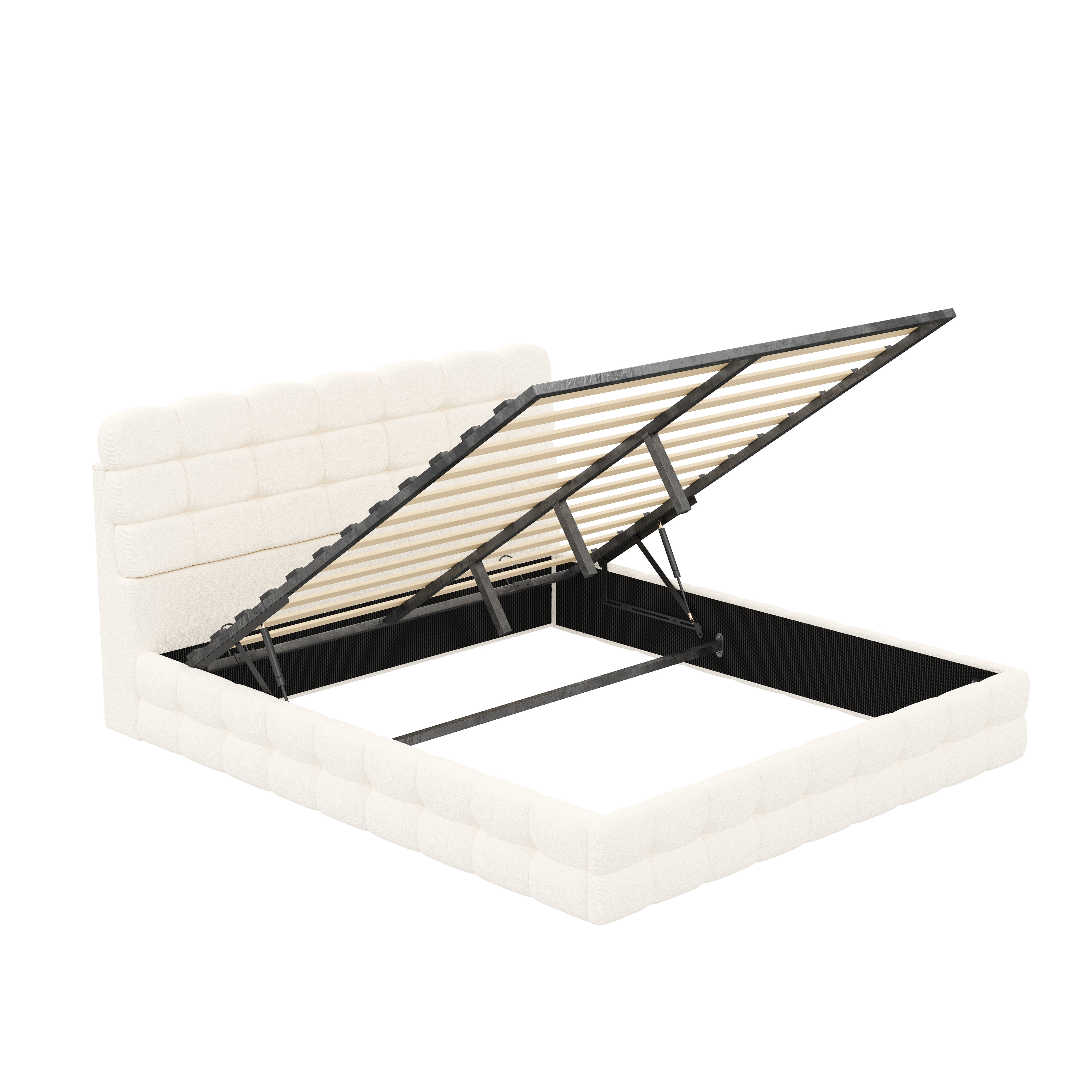 Noble House Cadre de Lit Grand avec Rangement avec Levage et Rangement Hydraulique, Lit Plateforme en Bouclé avec Tête de Lit Capitonnée et Lattes de Bois, Blanc Crème