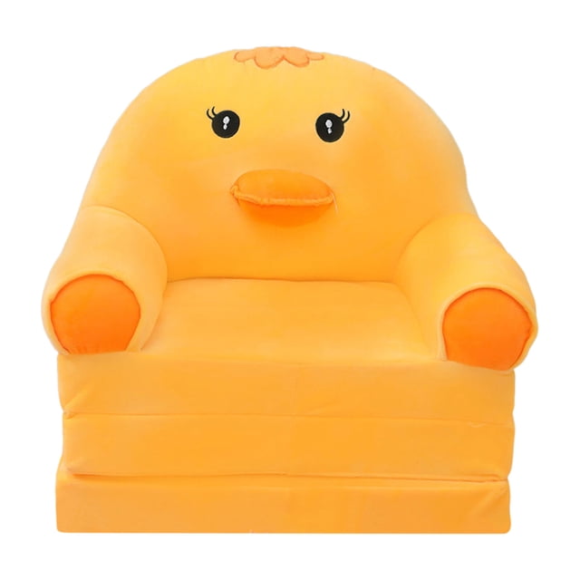 Plush Folding Children's Sofa Backrest Armchair 2 In 1 Folding Children's Sofa in a bright yellow cartoon duck design. Features a fold-out bottom piece for use as a sofa bed or reclining chair. Made with durable polypropylene sponge frame and soft velvet fabric. The sofa has removable and washable covers for easy cleaning. Suitable for children's bedrooms or living rooms.