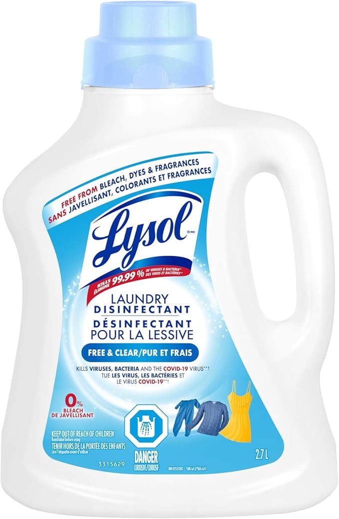 Lysol Laundry Disinfectant, Free and Clear, No Fragrances, No Dyes, 0% Bleach, Kills 99.9% of Viruses & Bacteria, 2.7L
