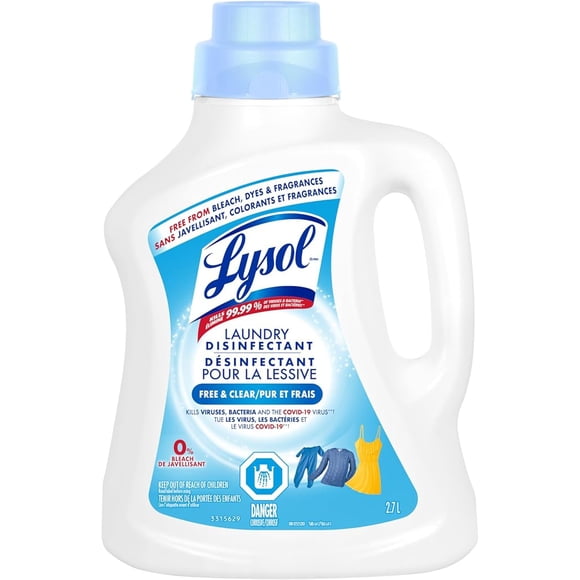 Lysol Désinfectant pour la Lessive, Pur et Frais, Sans Fragrances, Sans Colorants, 0 % Javellisant, Tue 99.9 % des Virus & des Bactéries, 2.7L