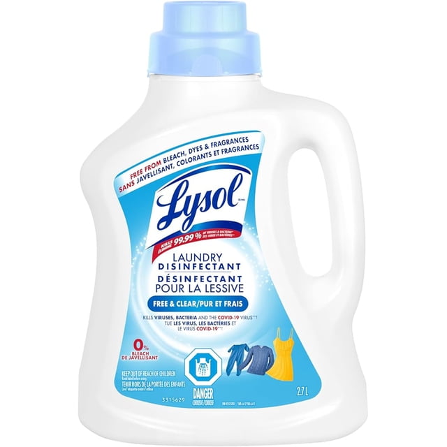 Lysol Laundry Disinfectant free and clear in a 2.7 L white plastic jug with blue cap, kills 99.9% of viruses and bacteria including COVID-19, eliminates germs detergents may leave behind, no bleach, dyes, or fragrances, suitable for sanitizing baby clothes, gym wear, towels, and delicates.