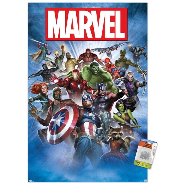Marvel Comics - Affiche Murale Photo de Groupe, 22,375 Pouces x 34 Pouces, Impression Haute Résolution Brillante Mettant en Vedette des Superhéros Marvel, Dont Captain America avec shield, Iron Man, Hulk, Thor avec hammer, Spider-Man, Black Widow, Star-Lord, Groot, Hawkeye avec bow, Gamora et Rocket Raton Laveur sur Fond de Ciel Bleu avec le logo Marvel Rouge et Blanc, Idéale pour la Déco de la Maison et Facile à Accrocher avec Pinces pour Affiche Incluses.