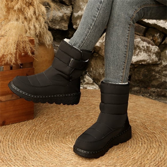 XIMIN Women's Thermal Fleece Lining Anti Skid Mid Calf Boots Waterproof Cloth Warm Snow Boots Round Toe Plush Lining Slip-On Waterproof Winter Boots with Hook And Loop