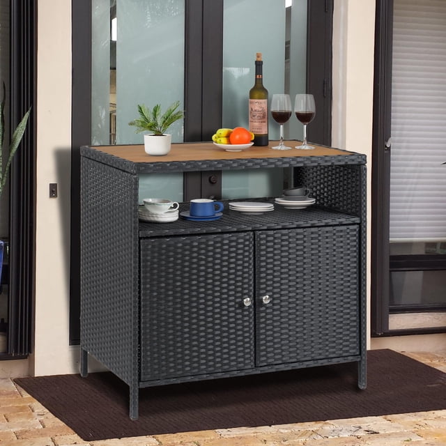 BeesClover Armoire de Rangement Extérieure en Rotin, Armoire Extérieure avec Compartiment Ouvert, Buffet Imperméable Table de Bar de Patio, Buffet en Osier à 2 Portes, Bar Extérieur pour Patio Jardin Cour Arrière au Bord de la Piscine