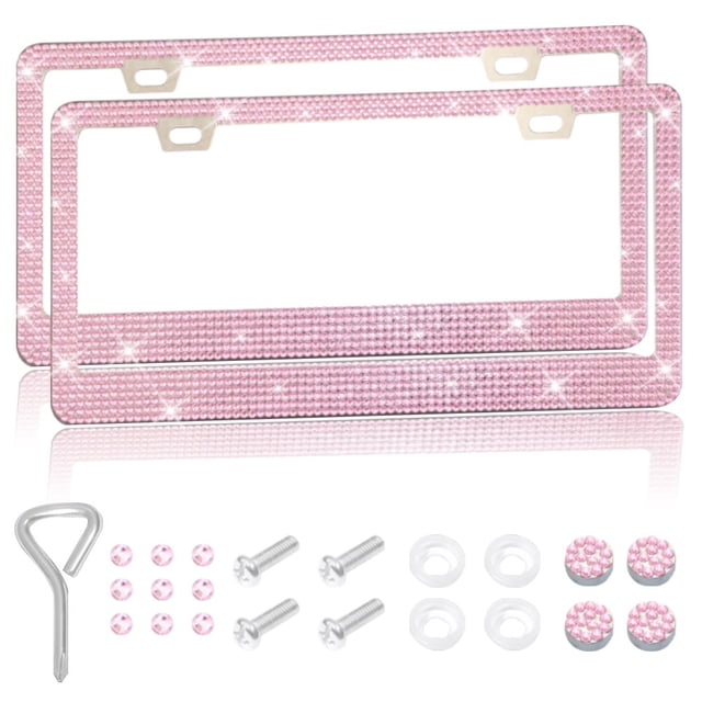 CHUANK 2PCS Bling Car License Plate Frame Sparkly Rhinestone Stainless Steel License Plate Cover/Holder Universal for Most Cars SUVs Vehicles with Screw Set Auto Accessories for Wome