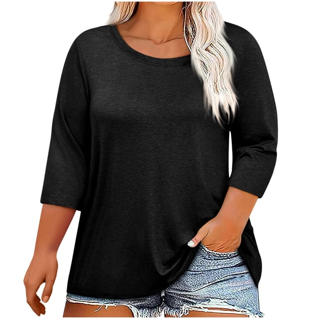 SwiftWear Tees for Women Plus Size Tops 3/4 Length Sleeve Round Neck Solid Casual Blouse