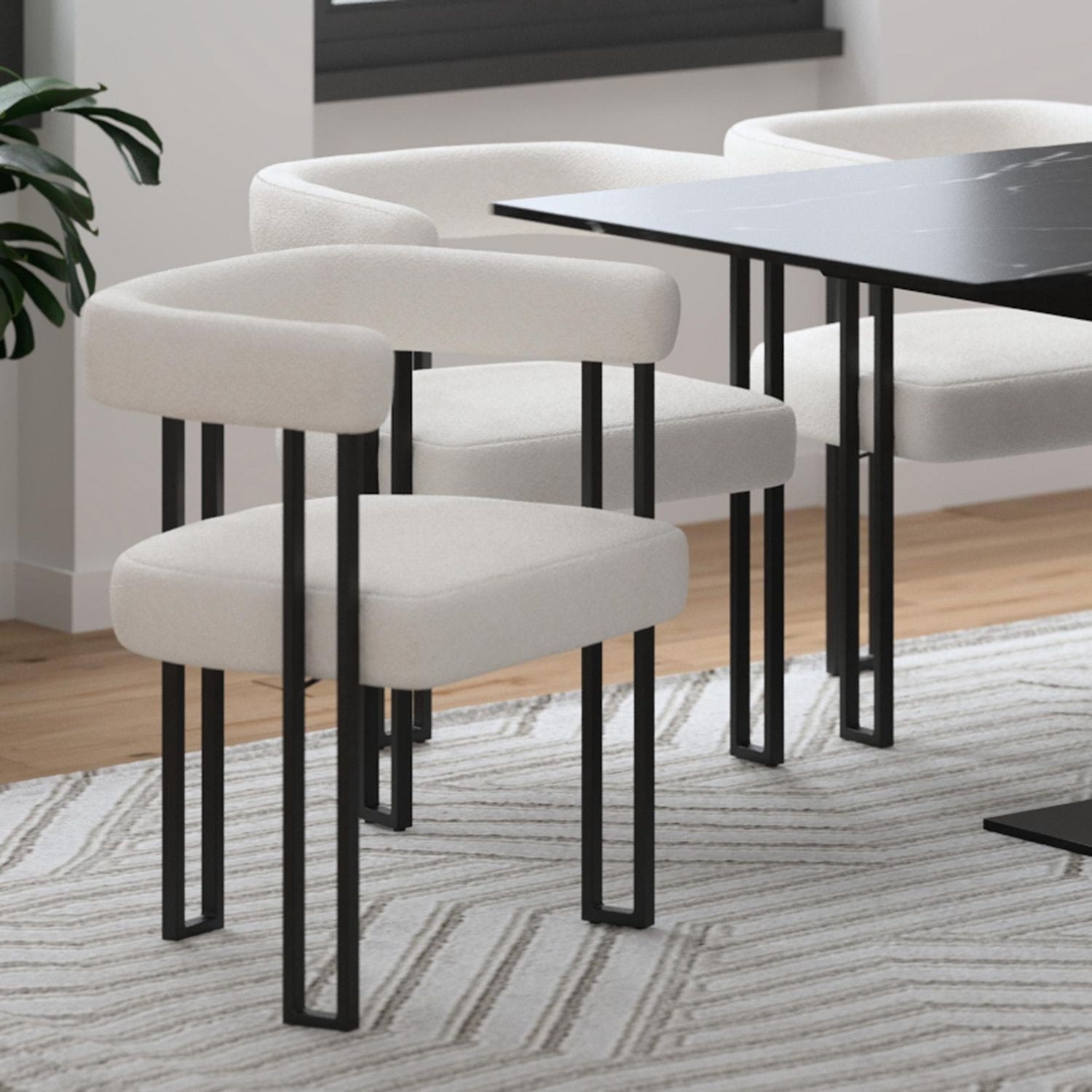 Contemporary Boucle Fabric Dining Chair, Set of 2 - Ivory & Black