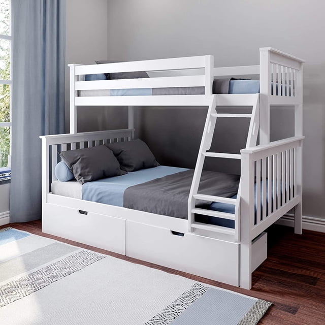 BEDSMART Solid Wood Twin Over Full Bunk Bed With Storage in white, featuring a durable New Zealand pine wood frame with a slatted headboard and MDF panel footboard. The bunk bed includes a built-in angled ladder and two large under-bed storage drawers. It accommodates a standard twin mattress on the top and a full-size mattress on the bottom, with a 400 lb weight capacity per bed. The modern, space-saving design measures 80 x 43 x 37 inches, making it ideal for kids' rooms. Displayed in a bright, contemporary bedroom with grey walls and blue accents.