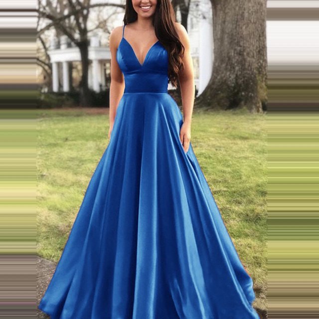 HKEJIAOI Liquidation des Ventes Robe Femme Mode Femme Couleur Unie Aguichant Col en V Bretelles Sans Manches Robe de Soirée Bleu