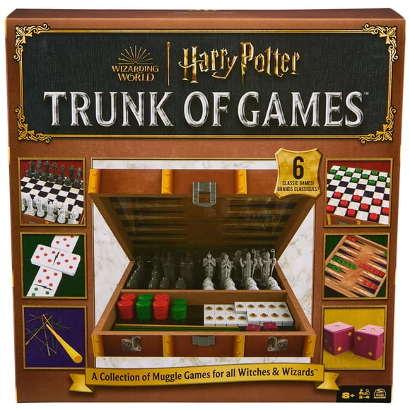 Spin Master Games , Monde des Sorciers de Harry Potter Coffre de Jeux Boîte de Rangement en Bois 6-en-1, pour les Fans Moldus des Films Harry Potter, Magicien d'Échecs, Baguettes à Ramasser et Plus, 2-4 Joueurs