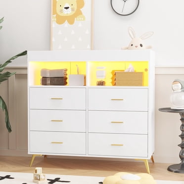 Ourlova Home Dresser for Bedroom with 6 Drawers Changing Table Dresser with Changing Pad LED Lights Charging Station