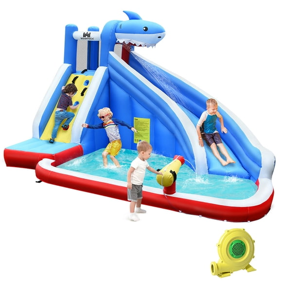 Costway Inflatable Water Slide shark Bounce House Castle Splash Water Pool W/750W Blower