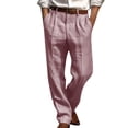 thumbnail image 1 of hotojiny Mens Dress Pants Lightweight Button Loose Fit Pleated Slacks Summer Linen Solid Color Beach Yoga Trousers with Pockets, 1 of 5