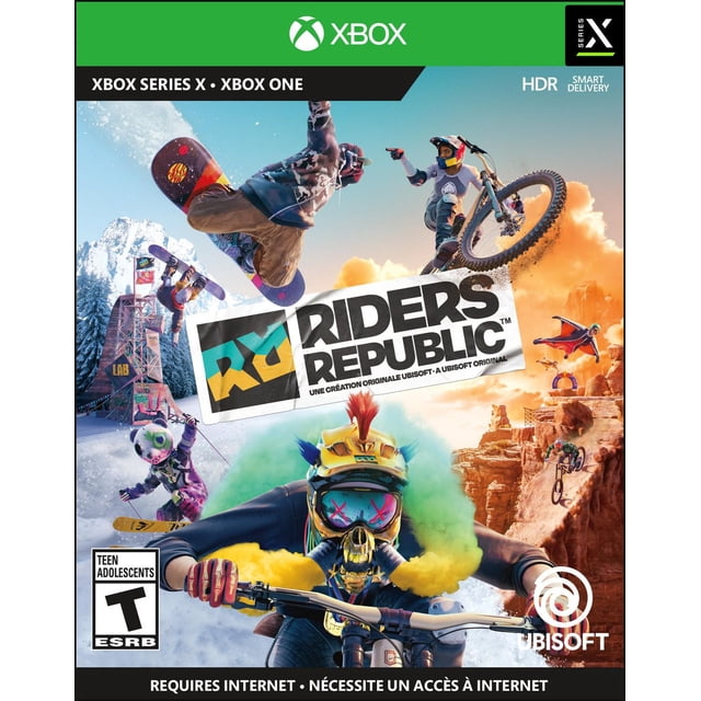 Riders Republic Xbox One game cover showing a mountain biker with a yellow helmet and colorful smoke, snowboarders performing tricks in snowy mountains, and a wingsuit flyer over rocky canyons, representing the game's open world multiplayer extreme sports action.
