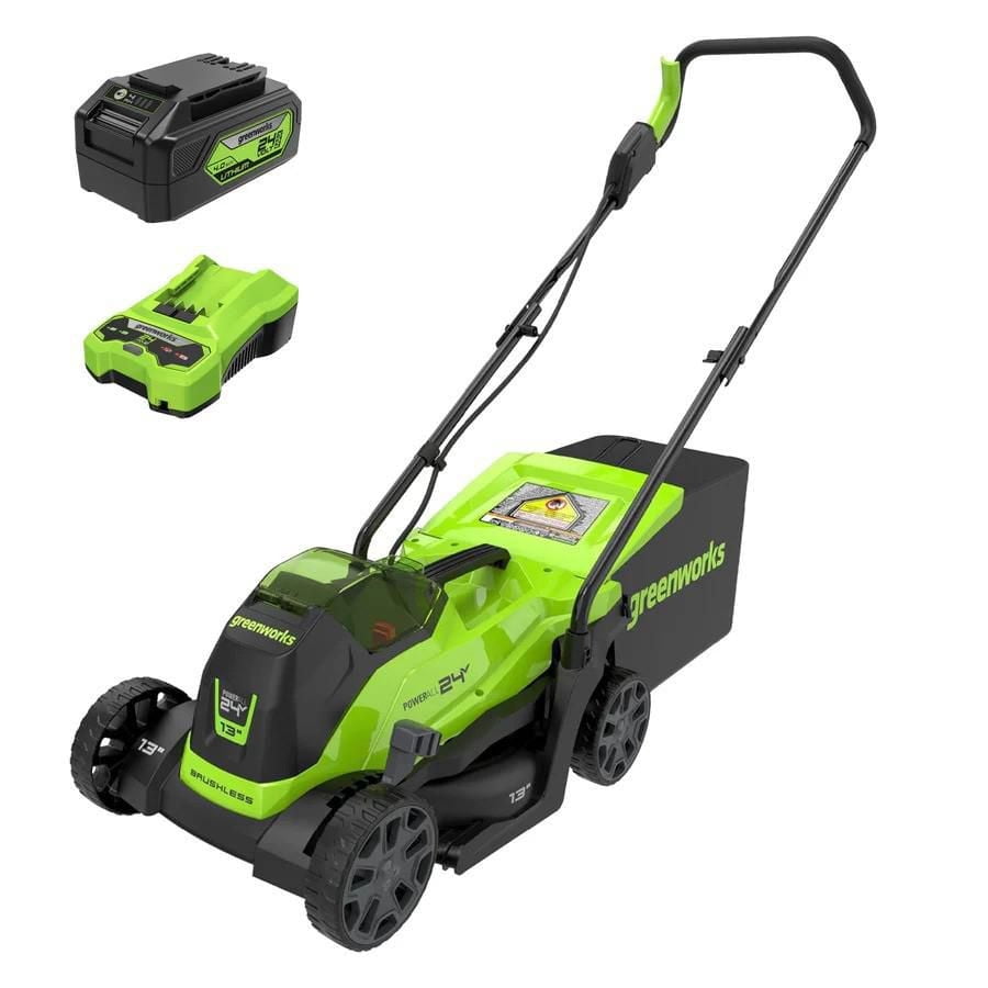 Greenworks 24V 13" Brushless Push Lawn Mower, 4Ah USB Battery and Charger Included [125+ Compatible Tools]