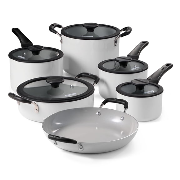 Tramontina Batterie de Cuisine Emboîtable Antiadhésive en Céramique 11 Pcs Empilable, Ensemble Gain de Place - Blance de Blance