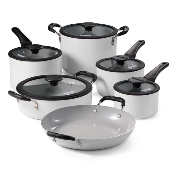Tramontina 11 Piece Ceramic Nonstick Nesting Cookware Set Stackable, Space Saving Set - Blance de blance