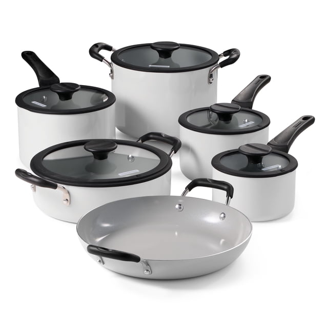 Tramontina 11 Piece Ceramic Nonstick Nesting Cookware Set Stackable, Space Saving Set - Blance de blance
