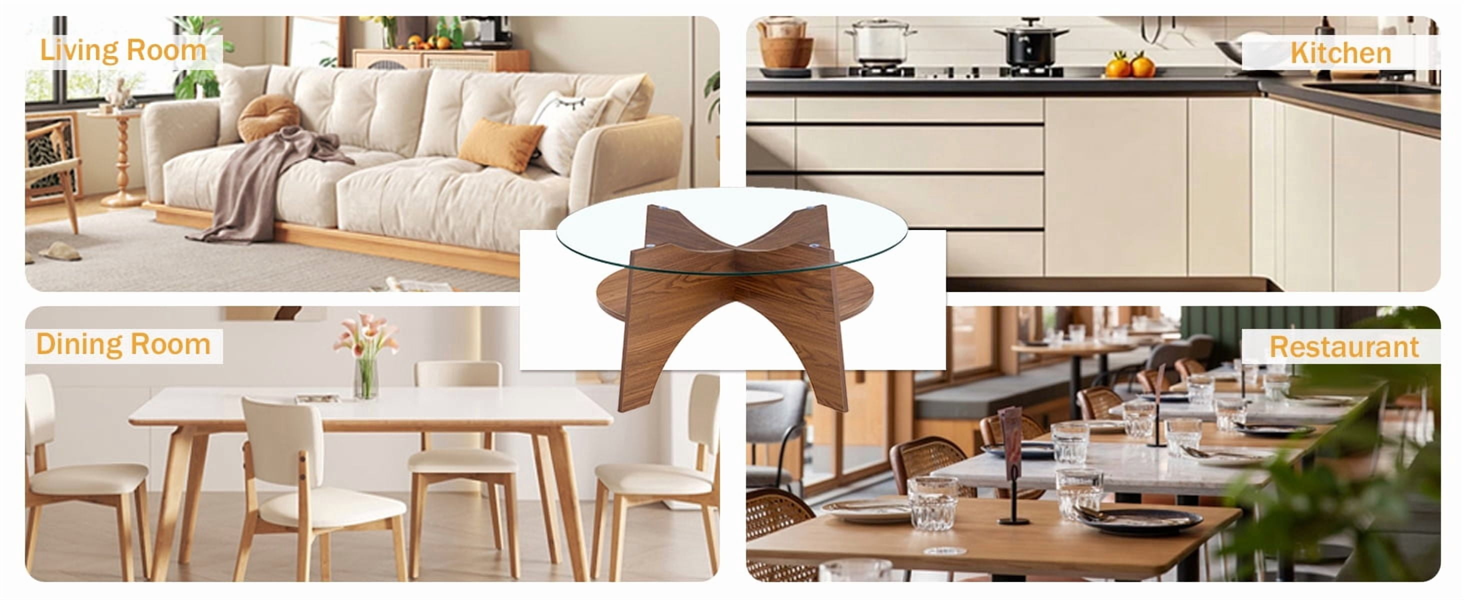 Noble House 31.5" Round Tempered Glass Coffee Table,Fan-Shaped Bracket,Walnut