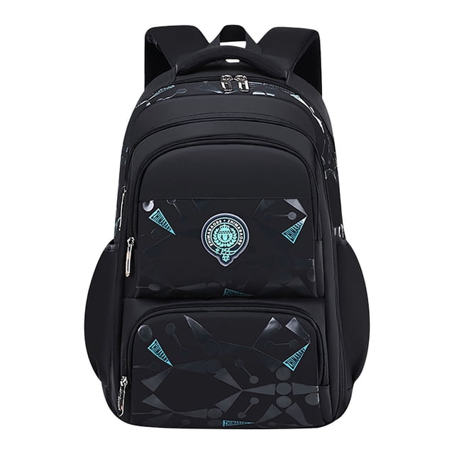 EGNMCR Travel Bag Children's Backpack Schoolbag for elementary and middle school students. This black backpack features blue geometric patterns, thickened foam shoulder straps for comfort, reinforced triangle areas for durability, and multiple zippered compartments for organization. Made from wear-resistant Oxford material, it is ideal for school use. Size: 30x17x46cm.