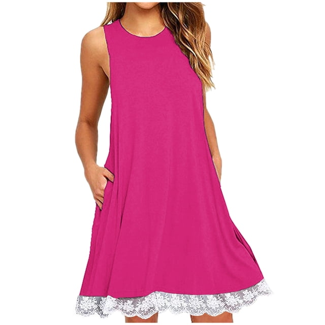 Gspmoly Robes Grande Taille pour Femmes aux Formes, Mode Femmes Été Décontracté Col Rond Sans Manches Taille Haute Robe Mini Robes Formelles pour Femmes jusqu'à 70 % de Rabais