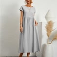 thumbnail image 1 of Meichang Robes en Coton et Lin pour Femmes Grande Taille Couleur Unie Robes Midi Coupe Ample Col Rond Manches Courtes Robes Plissées Taille Décontractée Robes Évasées, 1 of 7