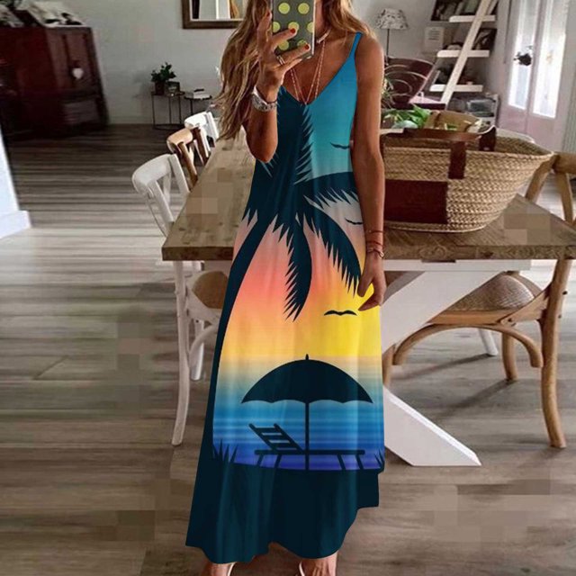 Fankiway Robe Imprimée à Bretelles Dos Nu de Printemps/été à la Mode pour Femme Robes d'Été de Plage pour Femmes Grande Taille Robes pour Femmes
