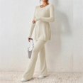thumbnail image 2 of Women's Two Piece Knit Tracksuit - Crew Neck Tee & Wide Pants, Polyester Spandex, Slit Hem, Casual Matching Set, 2 of 3