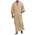 thumbnail image 1 of Mens Kaftan Thobe Casual Long Sleeve Men Robe Lightweight Breathable V Neck Muslim Thobes Khaki Robe, 1 of 5