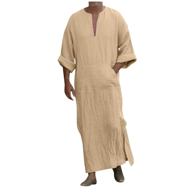 Mens Kaftan Thobe Casual Long Sleeve Men Robe Lightweight Breathable V Neck Muslim Thobes Khaki Robe