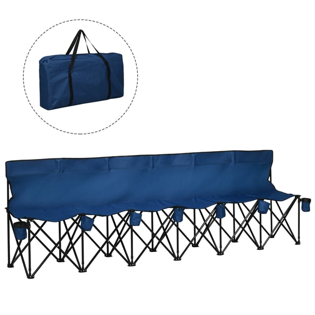 Outsunny Banc de Sport à 6 Places, Banc Extérieur Pliant et Portable en Bleu, Conçu comme une solution d'Assise Portable pour les sports, le camping et les Activités de Plein Air. Doté d'Un Cadre en Acier durable avec une Capacité de Charge de 250 Lb par Siège, de Sept Porte-Gobelets et d'Un Étui de transport pour un transport Facile.