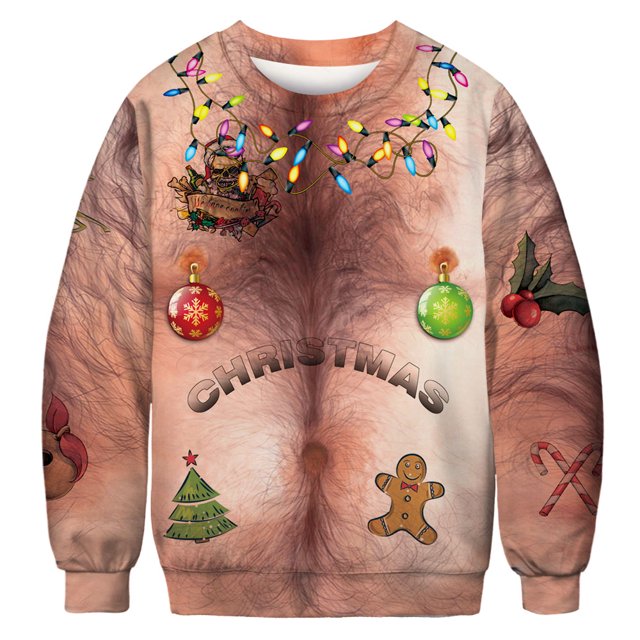 Leezeshaw Chandail Unisexe de Noël à Col Rond, Nouveauté Xmas, Imprimé 3D de Poils sur la Poitrine, Manches Longues, Chandail Molletonné, Chandail, T-Shirt