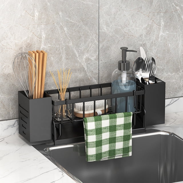 Étagère de Rangement Multifonctionnelle pour la Cuisine - Organisateur D'Éponges et de Torchons à Poser sur le Plan de Travail - Étagère en Plastique Durable À, Noir, JKODE