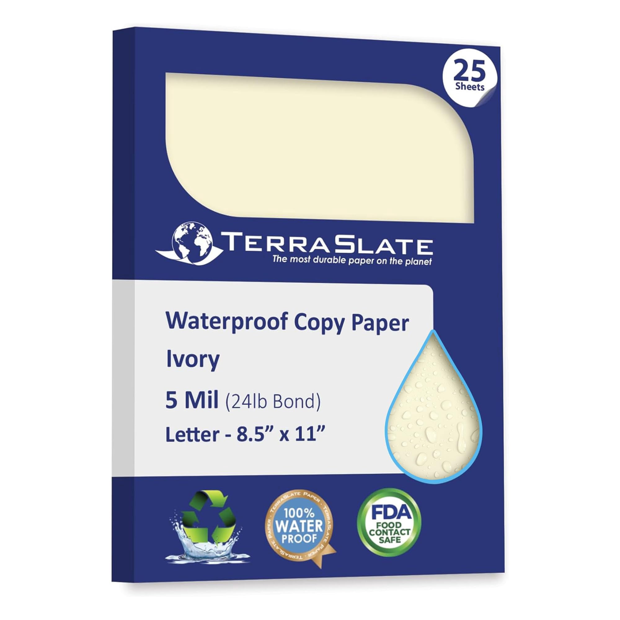 TerraSlate Waterproof Paper, Rip-Proof Colored Paper, Ivory, 25 Sheets, 5 Mil (24lb Bond), 8.5" x 11", Laser Printer and Copy Machine Compatible