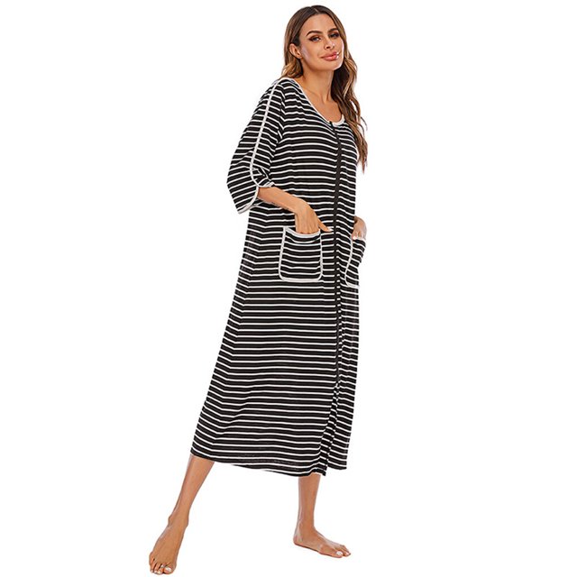 Langgg Robe de Nuit en Polyester pour Femmes Col Rond Fermeture Éclair Respirante Cardigan Maison Bureau Robe de Nuit Vêtements de Nuit Noir P