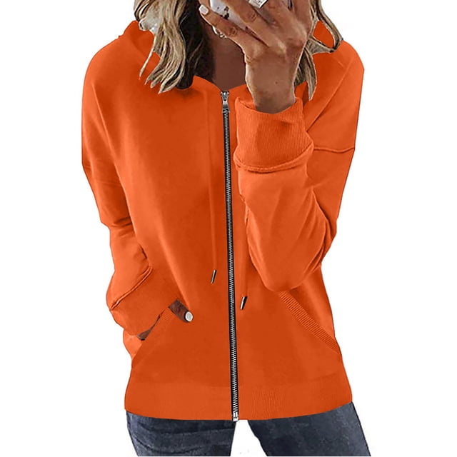 PEZHADA Économies d'Automne Chandail à Capuchon à Fermeture à Glissière Décontracté pour Femme, Veste Ouverte à l'Avant, Coupe Ample, Manteau à Manches Longues avec Cordon, Chandail à Capuchon avec Poche, Orange