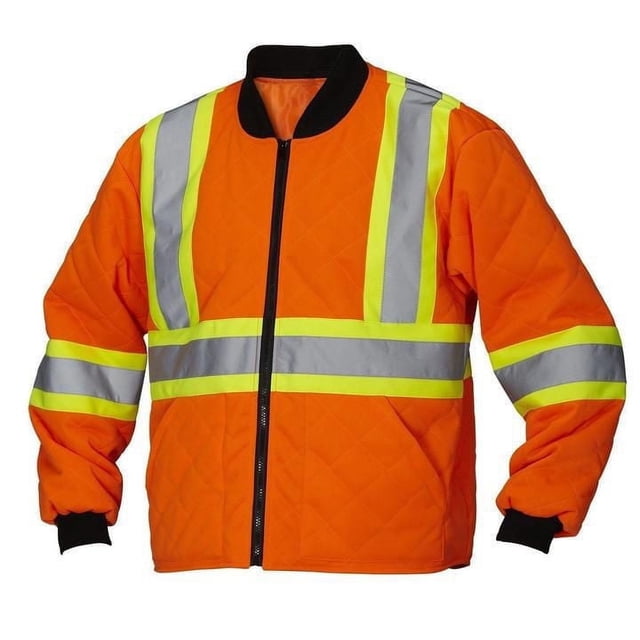 Forcefield Men's Hi-Visible Safety Freezer Jacket in bright orange with lime yellow and reflective silver stripes, quilted 100% polyester with 3 oz. polyfill lining, black rib-knit collar and cuffs, front zipper, and kangaroo pockets, CSA Z96 and ANSI 107 compliant, suitable for refrigerated warehouse work.