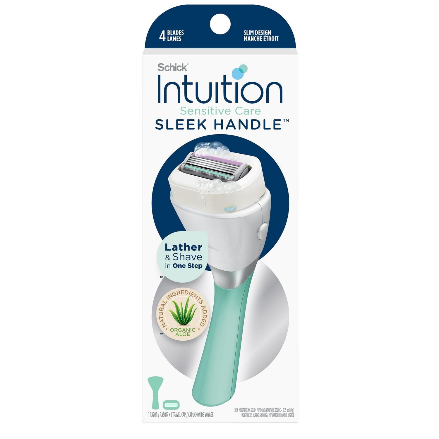 Rasoir Sleek Handle pour peau sensible avec manche étroit et 1 cartouche de lames de marque Schick Intuition
