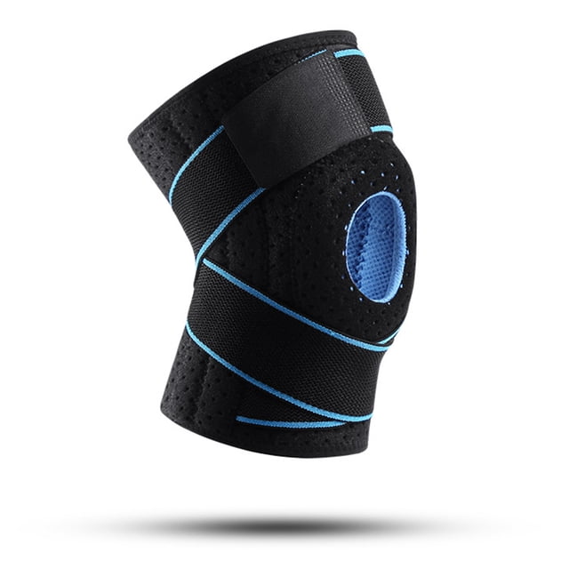 Sports Knee Brace Adjustable Knee Band Knee Protective Bandage with Spring Support. Made of neoprene material in black with blue accents, featuring a perforated design for breathability. Includes a silicone pad for shock absorption, built-in spring support for stability, and adjustable straps with strong adhesive fastener tape for a secure fit. Suitable for exercise or daily use.