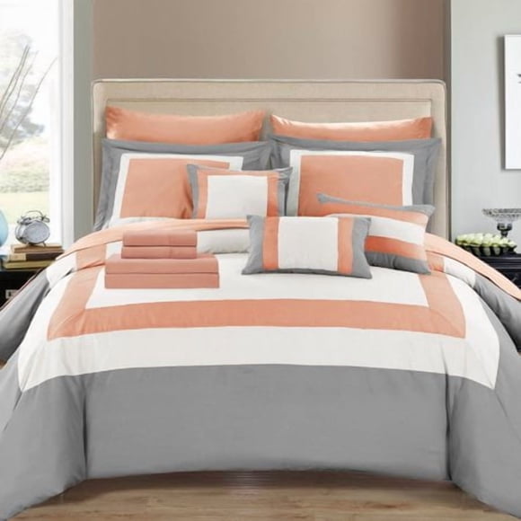 Chic Home Duke Queen Comforter Set 10-Piece Colorblocked Queen Size Comforter Set With 2 Shams 3 Pillows And Bedding Sets Queen (Peach)