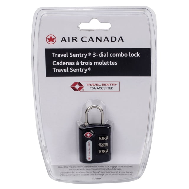 Air Canada Combo Tsa à 3 Cadrans Lock en Noir avec Manille Argentée, Doté d'Un Mécanisme de Combinaison à 3 Cadrans Approuvé par Travel Sentry et de la Marque Air Canada, Emballé en Plastique Transparent avec Texte Bilingue Anglais et Français et logo Approuvé Tsa, Convient pour Attacher des Bagages pendant les Voyages en Avion.