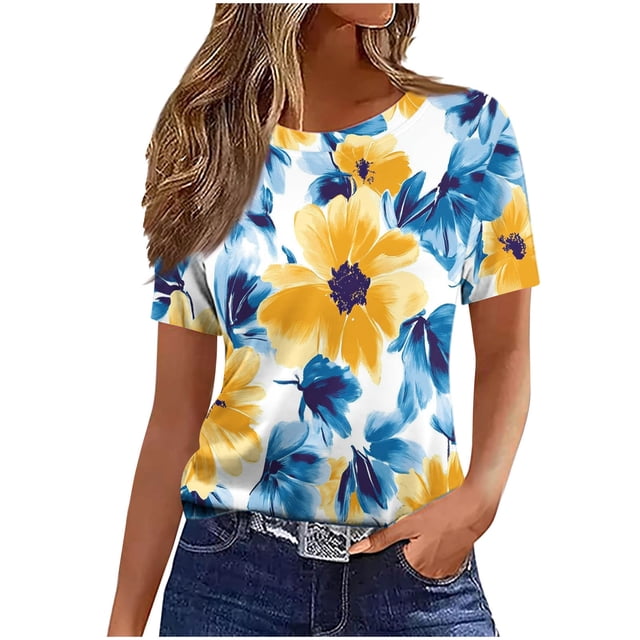 Pisexur Hauts pour Femmes, Hauts de Printemps pour Femmes 2025, Hauts pour Dames, T-shirt Imprimé Décontracté et Tendance pour Femmes avec Col Rond et Manches Courtes Jaune, TG