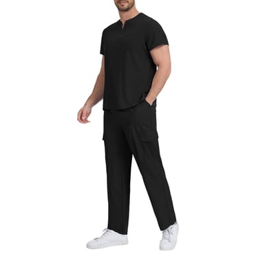 Scrub Set for Men, Solid Color V-Neck Short Sleeve Top and Drawstring Pants with Multiple Pockets for Medical Professionals and Students