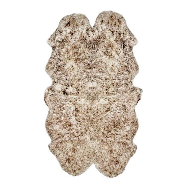 NEW ZEALAND SHEEPSKIN QUATTRO RUG 4' X 6' featuring a natural beige and brown sheepskin rug with a dense, ultra-thick 2.5-inch pile and irregular organic shape, crafted from 100% genuine New Zealand sheepskin wool with soft micro suede anti-skid backing, designed for indoor use in high-traffic areas, suitable for adding warmth and texture to bedrooms, entryways, or as a plush seat cover.