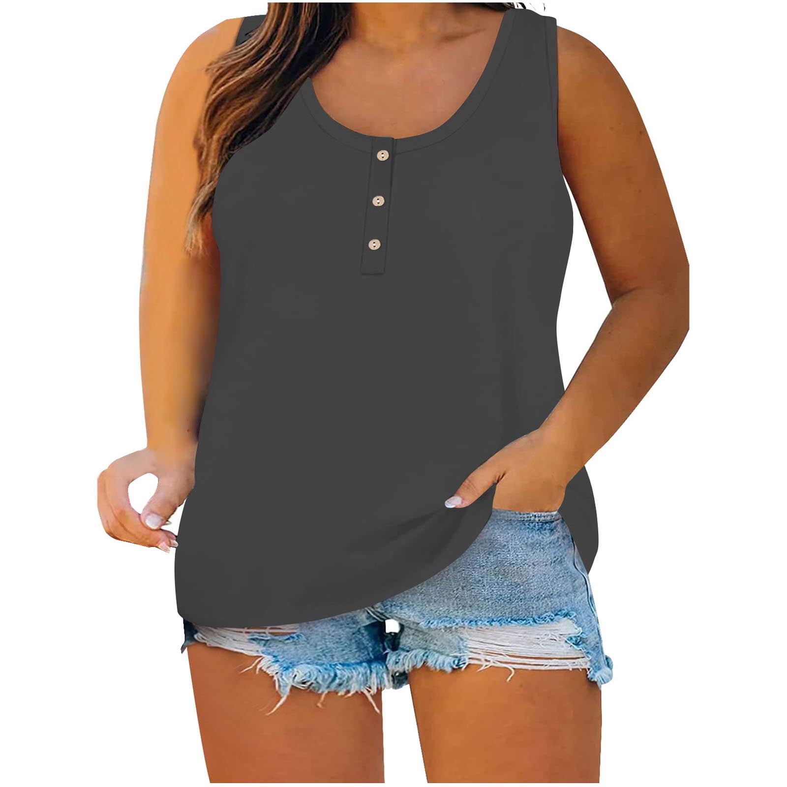 Timegard Camisoles pour Femmes Grande Taille Col Rond à Boutons Sans Manches Confortables Décontractées Amples Hauts T-Shirt Basique
