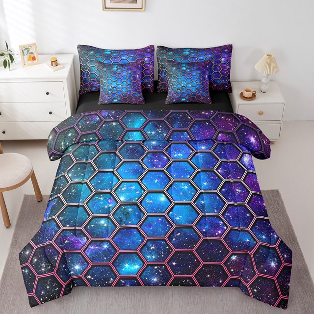 Erosebridal Gradient Starry Sky Bed in a Bag Queen size, Neon Galaxy Bed Set, Geometry Decor, Reversible 7pcs