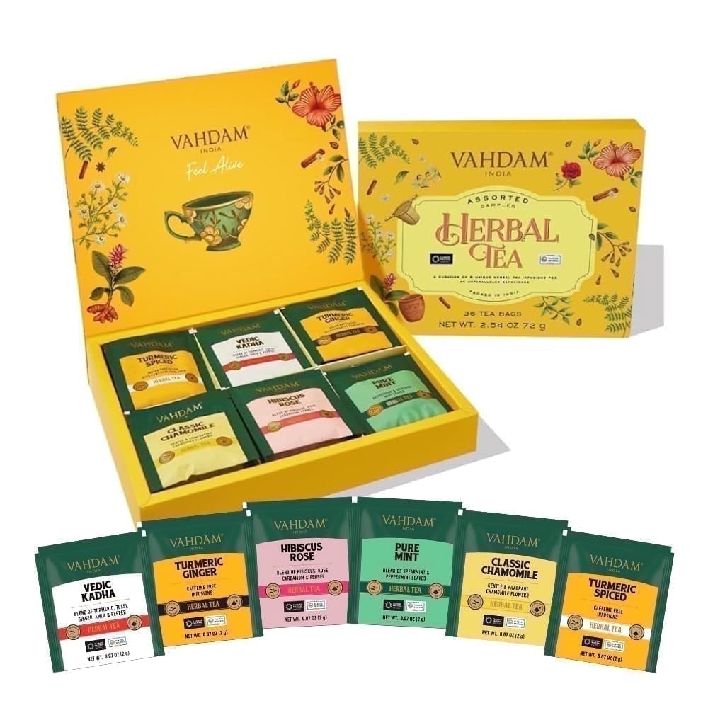 VAHDAM Herbal Tea Sampler Variety Gift Set (6 Flavors, 36 Tea Bags)