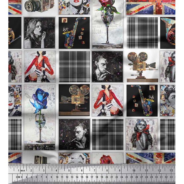 Soimoi Poly Georgette Fabric Check,Women & Camera Patchwork Printed Craft Fabric by The Yard 42 Inch Wide