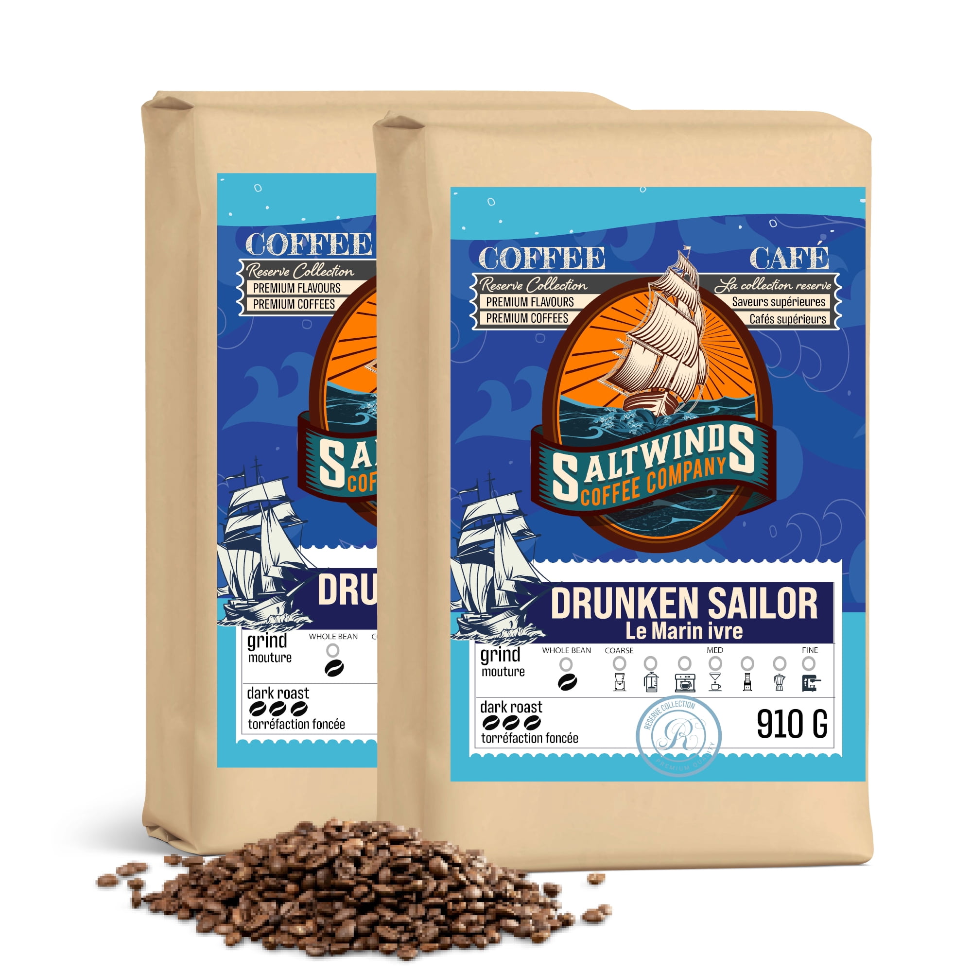 Drunken Sailor Dark Roast Coffee ( 2x910g Whole Bean)   | Ocean Air Infused | Canadian-Roasted Dark Roast Coffee